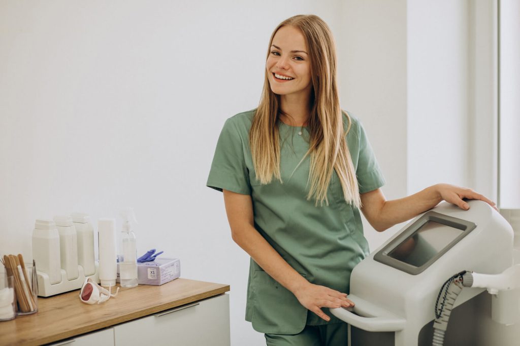 Smiling Woman Receiving Laser Treatment