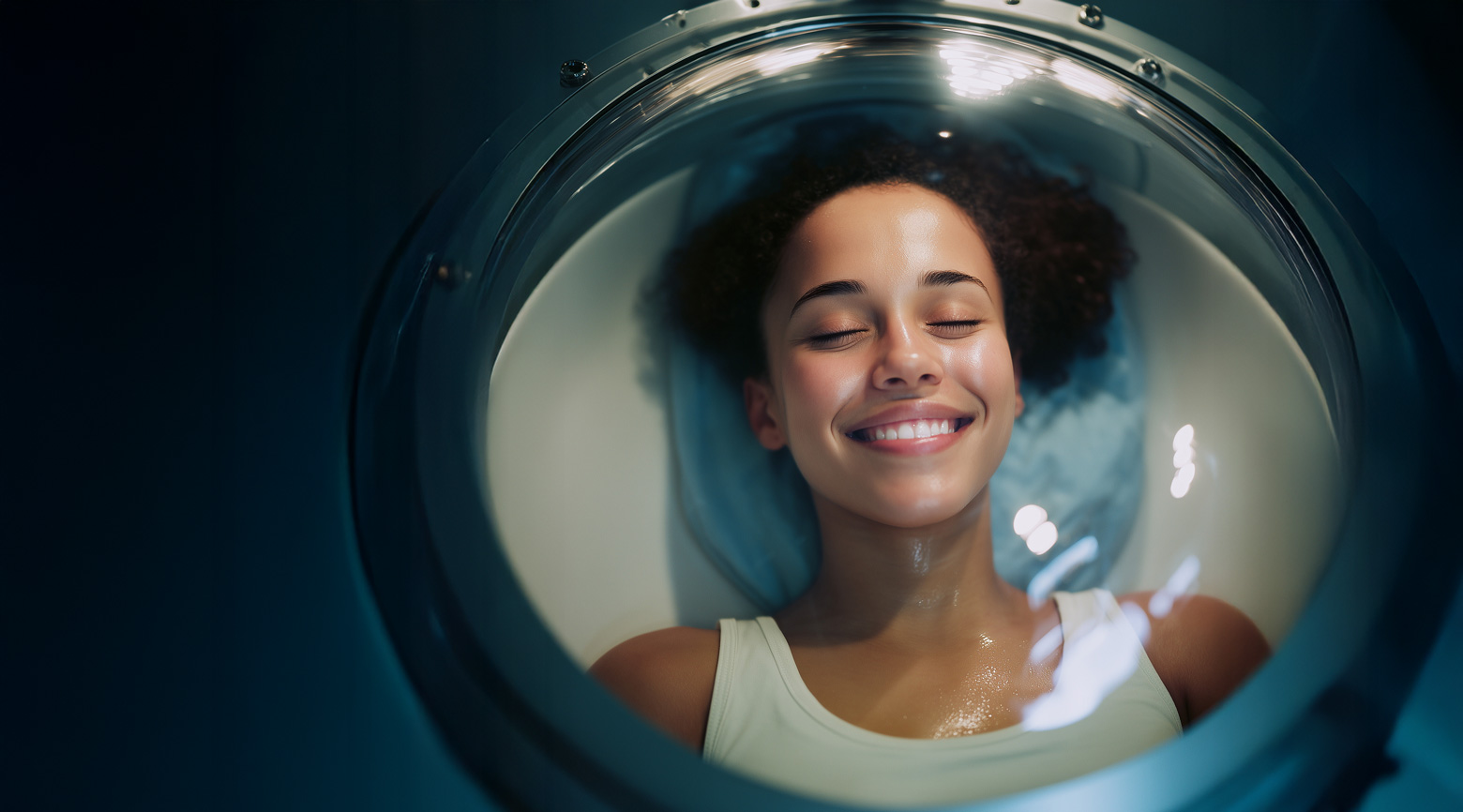 Smiling Woman Relaxing in a Sensory Deprivation Chamber